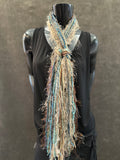 Boho chic Scarf, aqua blue beige cream luxury art yarn Scarf, scrappy art scarf