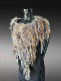 Boho chic Fur Taupe poncholette, Fringed shoulder wrap with faux fur, luxury fur knit capulet,