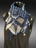Upcycled couture neck cowl scarf in jean blues, navy, gray, boho hippie scarf