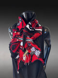 Boho couture fabric scarf, free form scarf, avant garde black red scarf