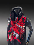 Boho couture fabric scarf, free form scarf, avant garde black red scarf