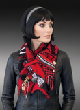 Boho couture fabric scarf, free form scarf, avant garde black red scarf