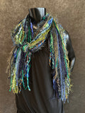 Handmade art yarn fringe scarf with art yarns , Fringie scarf in blue green purple, women gift, boho accessory, vibrant color scarf