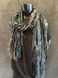 Boho style Scarf, black teal brown luxury art yarn Scarf, scrappy street style scarf