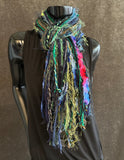 Handmade art yarn fringe scarf with art yarns , Fringie scarf in blue green purple, women gift, boho accessory, vibrant color scarf