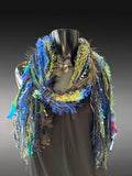 Handmade eclectic scarf in vibrant green blue jewel tones, luxury boho scarves