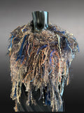 Poncho in blue brown, Boho hippie fringed Knit handmade Poncho, shoulder wrap