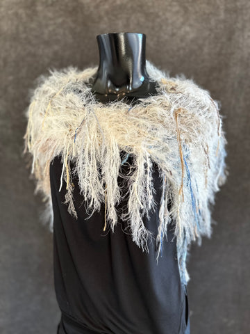 Knit Fur Ivory with blue poncholette, Fringed shoulder wrap with faux fur, luxury fur knit capulet,