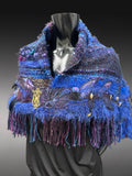 Saori style woven electric blue poncholette, bohemian or avant garde fashion shawl