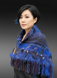 Saori style woven electric blue poncholette, bohemian or avant garde fashion shawl