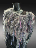 Bohemian style faux Fur wrap with fringe, luxury fur knit capulet, gray purple Fiber Art Wrap