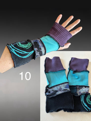 Fabric knit upcycled arm warmers, wrist cuffs, fabric fingerless gloves, upcycled sweater sleeves, arm warmers, Glovies - fingerless mittens
