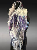 Boho Fringe Fiber Art Poncho – Handcrafted Textural Wrap in Purple Taupe, OOAK Wearable Art shawl