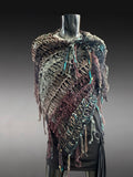 Boho artistic handmade poncho with fringe in teal green shades, statement fashion shawl