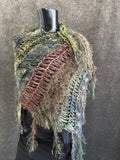 Knit boho poncho, knit wrap pull-over, olive green brown shoulder wrap