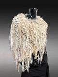 Boho knit poncho in ivory beige, fringed shawl in winter white, Tribal Wrap