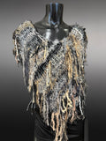 Large Hand knit bohemian poncho with open shoulder art yarns, black beige, cosplay