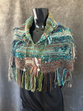 Woven saori style boho or viking style poncholette with art yarns, Green brown Woven Cowl, nature inspired clothing