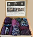 Knitting art yarn bundle, 1.5 lbs, luxury yarn stash box, weaving yarns, bulk purple blue yarn gift box