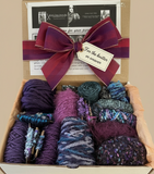 Knitting art yarn bundle, 1.5 lbs, luxury yarn stash box, weaving yarns, bulk purple blue yarn gift box