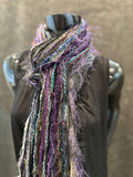 Unique handmade Boho style fringe scarf in Purple blue gray, funky scarf