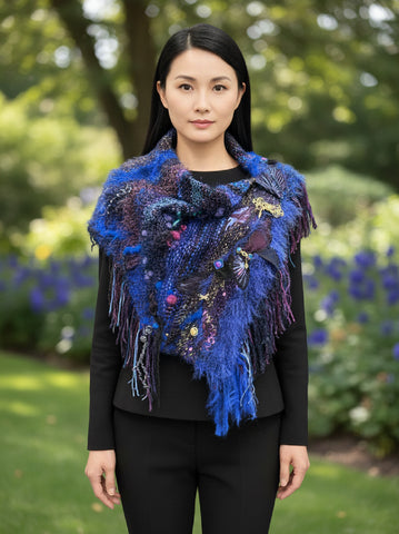 Saori style woven electric blue poncholette, bohemian or avant garde fashion shawl