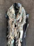 Lightweight Boho art Scarf, Shreds refashion scarf, nature inspired fashion, olive sage cream