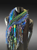 Handmade eclectic scarf in vibrant green blue jewel tones, luxury boho scarves