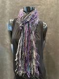 Unique handmade Boho style fringe scarf in Purple blue gray, funky scarf