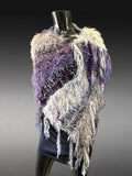 Boho Fringe Fiber Art Poncho – Handcrafted Textural Wrap in Purple Taupe, OOAK Wearable Art shawl