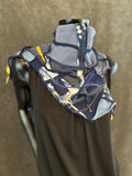 Upcycled couture neck cowl scarf in navy yellow jean boho hippie eco-friendly scarves, fabric neckwarmer