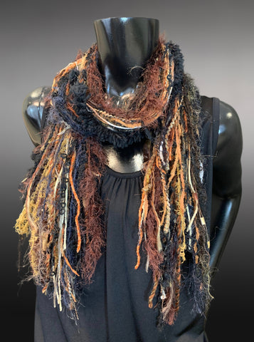 Lightweight handmade short Fringie scarf, all fringe yarn scarf, boho fiber scarf, ribbon necklace, boho accessory, black brown blue scarves