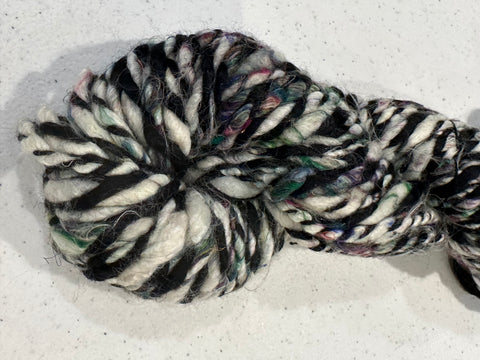Hand spun alpaca silk merino worsted weight yarn, black and white striped art yarn