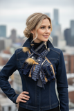 Blonde model with city background wearing scarf