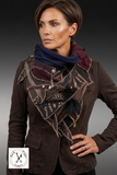 Couture brunette model wearing the original fabric scarf and a dark chocolate distressed jacket