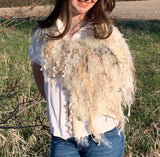 Knit Fur Taupe blue poncholette, Fringed shoulder wrap with faux fur, luxury fur knit capulet,