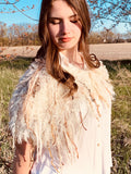 Knit Fur Taupe blue poncholette, Fringed shoulder wrap with faux fur, luxury fur knit capulet,