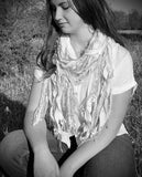 Boho fiber fringe scarf handmade in olive sage and cream artwear