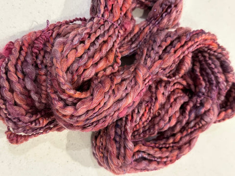 Hand spun merino silk knitting yarn, pink purple yarn, 48 yards, hand dyed