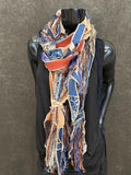 Bohemian jean blue green brown Boho fabric plus art yarn Scarf, Shreds Fringie yarn scarf, fiber scarf, street style scarf,