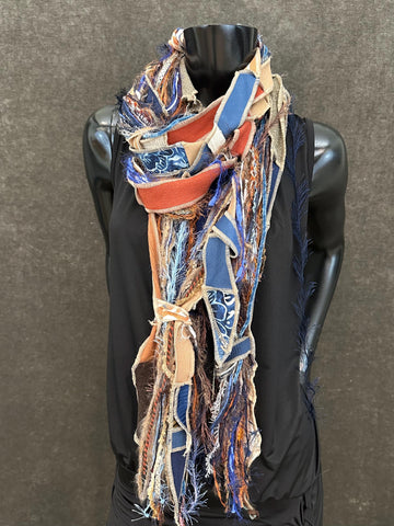 Bohemian jean blue green brown Boho fabric plus art yarn Scarf, Shreds Fringie yarn scarf, fiber scarf, street style scarf,