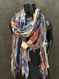 Bohemian jean blue green brown Boho fabric plus art yarn Scarf, Shreds Fringie yarn scarf, fiber scarf, street style scarf,