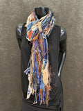 Bohemian jean blue green brown Boho fabric plus art yarn Scarf, Shreds Fringie yarn scarf, fiber scarf, street style scarf,