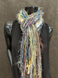 Fringie Yarn Scarf, Ribbon Fringe Scarf, Fringie in aqua beige yellow, funky messy scarf