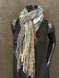 Fringie Yarn Scarf, Ribbon Fringe Scarf, Fringie in aqua beige yellow, funky messy scarf