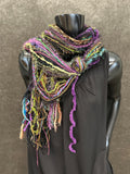 Fringie scarf in purple green black, women gift, boho accessory, vibrant color scarf