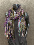 Fringie scarf in purple green black, women gift, boho accessory, vibrant color scarf