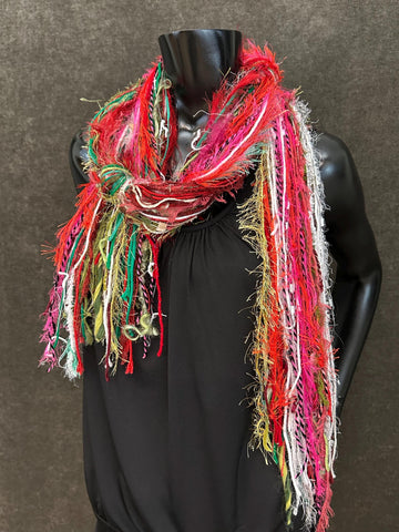 Christmas Color Fringie art yarn Scarf, red, green, lime, white pink glitzy yarns, secret Santa gift, ugly sweater