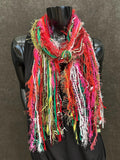 Christmas Color Fringie art yarn Scarf, red, green, lime, white pink glitzy yarns, secret Santa gift, ugly sweater