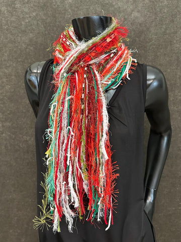Christmas Color Fringie art yarn Scarf, red, green, lime, white pink glitzy yarns, secret Santa gift, ugly sweater
